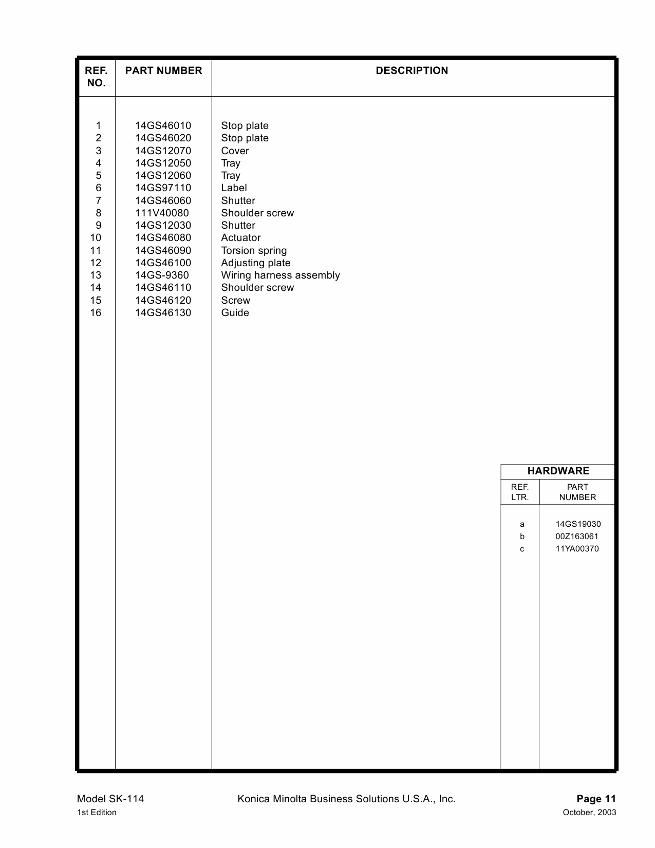 Konica-Minolta Options SK-114 4511 Parts Manual-2